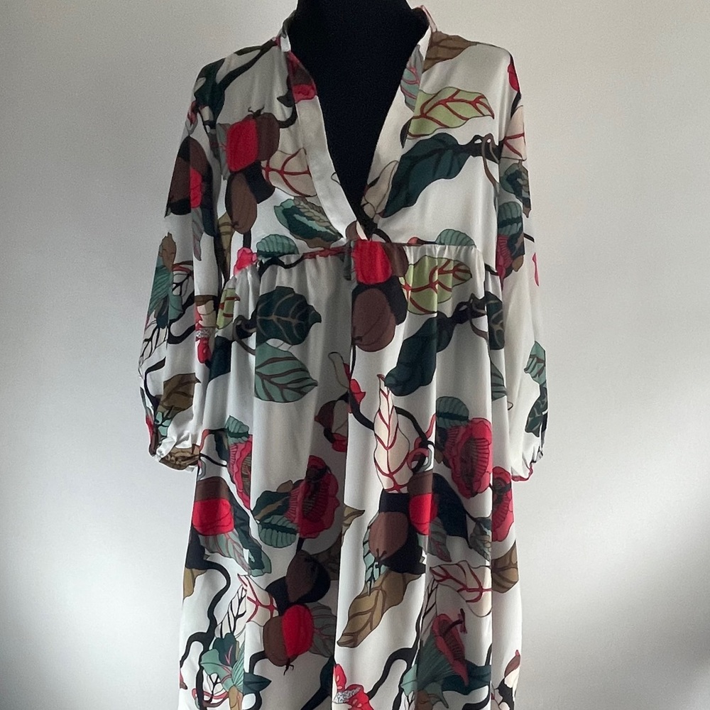 Smocked Floral Long Sleeved V-Neck Dress